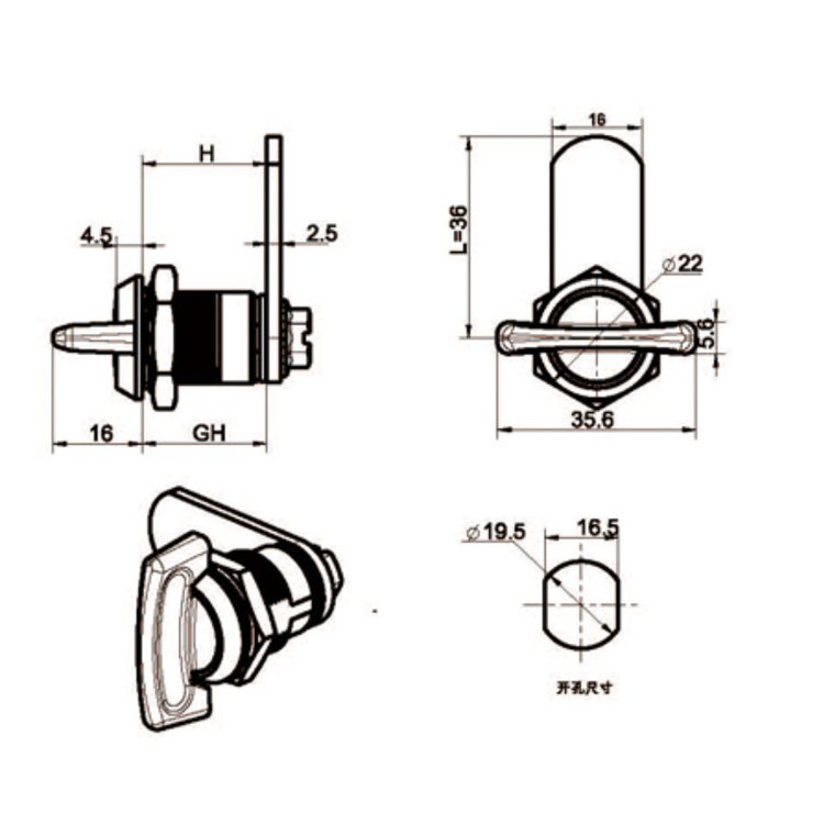 Tipo de botão Cam Lock-A6207-1;2