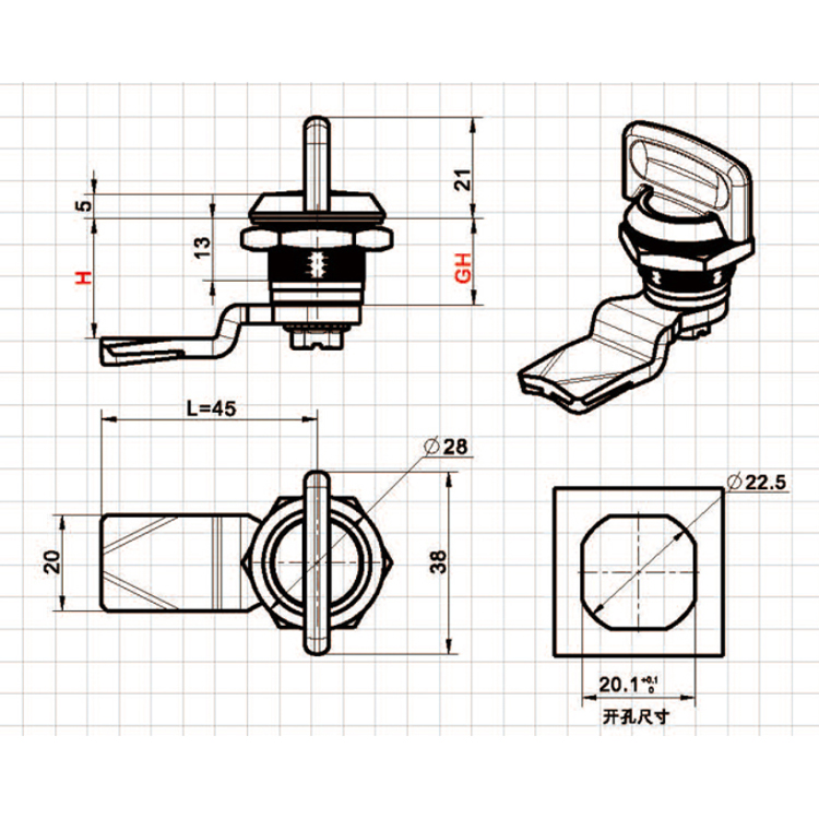 Tipo de botão Cam Lock-A6306-3