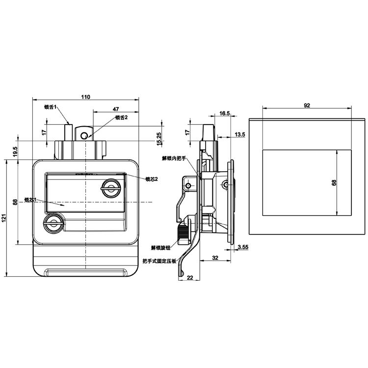 Fechaduras de língua de abertura dupla interna e externa para motorhomes, cromadas-A7902-1116